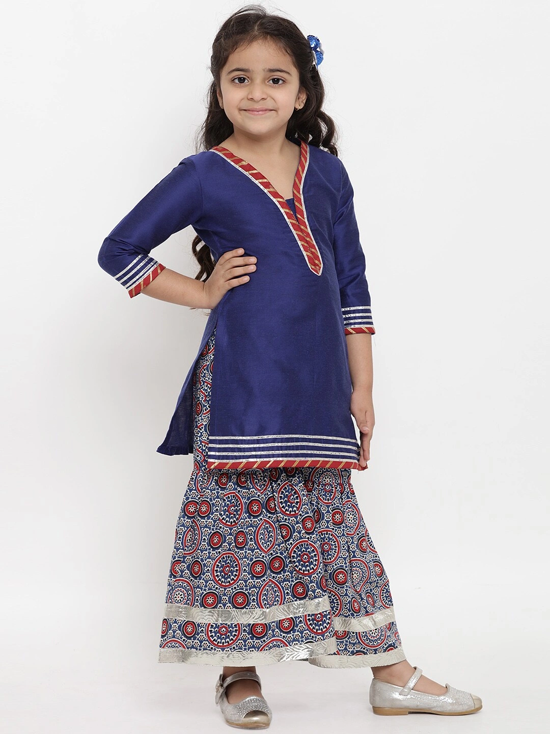 Bitiya by Bhama Girls Blue &amp; Striped Kurta with Palazzos &amp; Dupatta-3-4Y-2