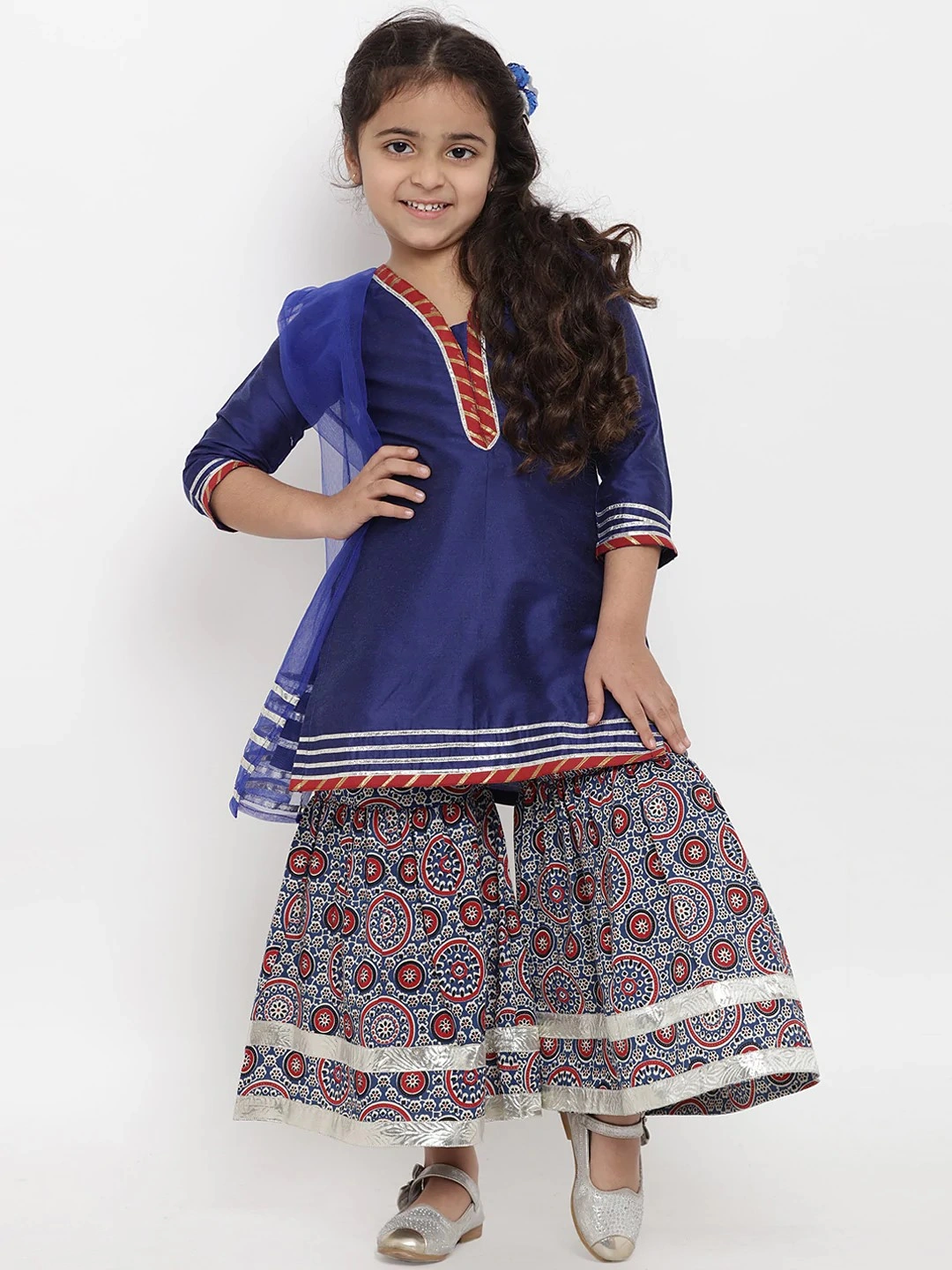 Bitiya by Bhama Girls Blue &amp; Striped Kurta with Palazzos &amp; Dupatta-BBT062_5-6Y