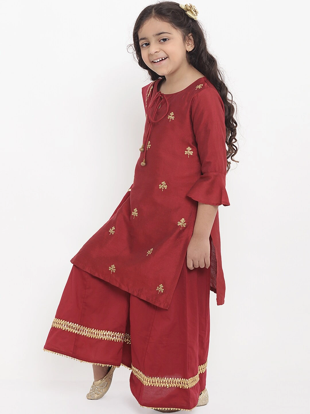 Bitiya by Bhama Girls Maroon Embroidered Kurti with Palazzos-4-5Y-1