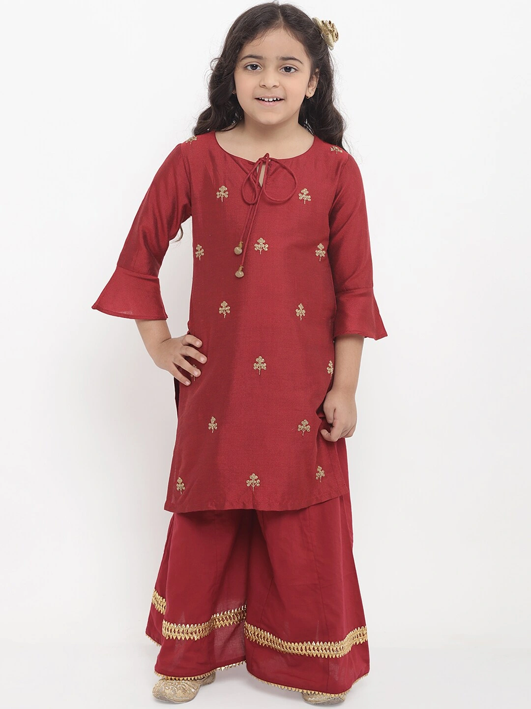 Bitiya by Bhama Girls Maroon Embroidered Kurti with Palazzos-BBT064_5-6Y