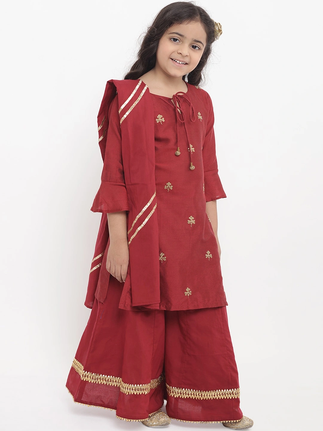 Bitiya by Bhama Girls Maroon Embroidered Kurti with Palazzos-5-6Y-2