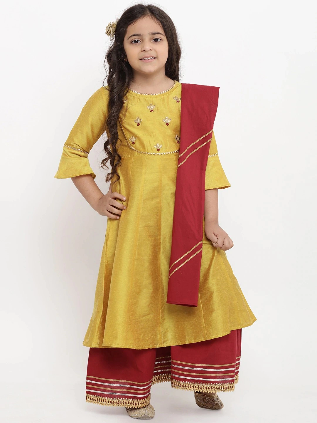 Bitiya by Bhama Girls Yellow &amp; Embroidered Kurti with Palazzos &amp; Dupatta-BBT065_3-4Y