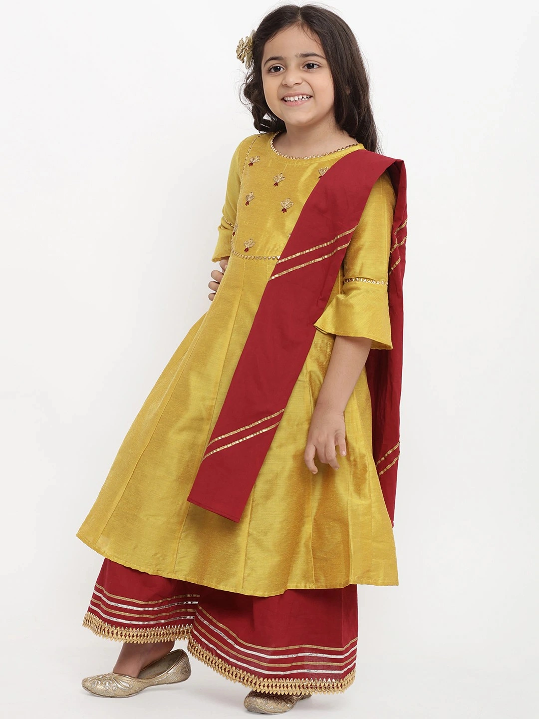 Bitiya by Bhama Girls Yellow &amp; Embroidered Kurti with Palazzos &amp; Dupatta-3-4Y-1