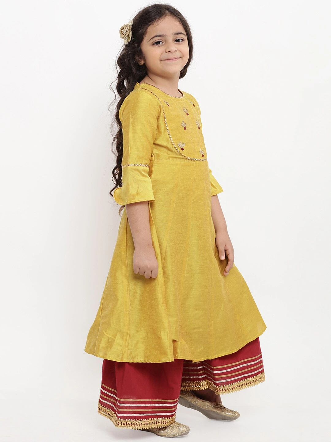 Bitiya by Bhama Girls Yellow &amp; Embroidered Kurti with Palazzos &amp; Dupatta-3-4Y-2