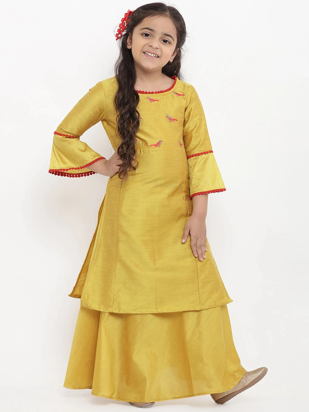 Bitiya by Bhama Girls Yellow Embroidered Kurti with Skirt-BBT066_3-4Y