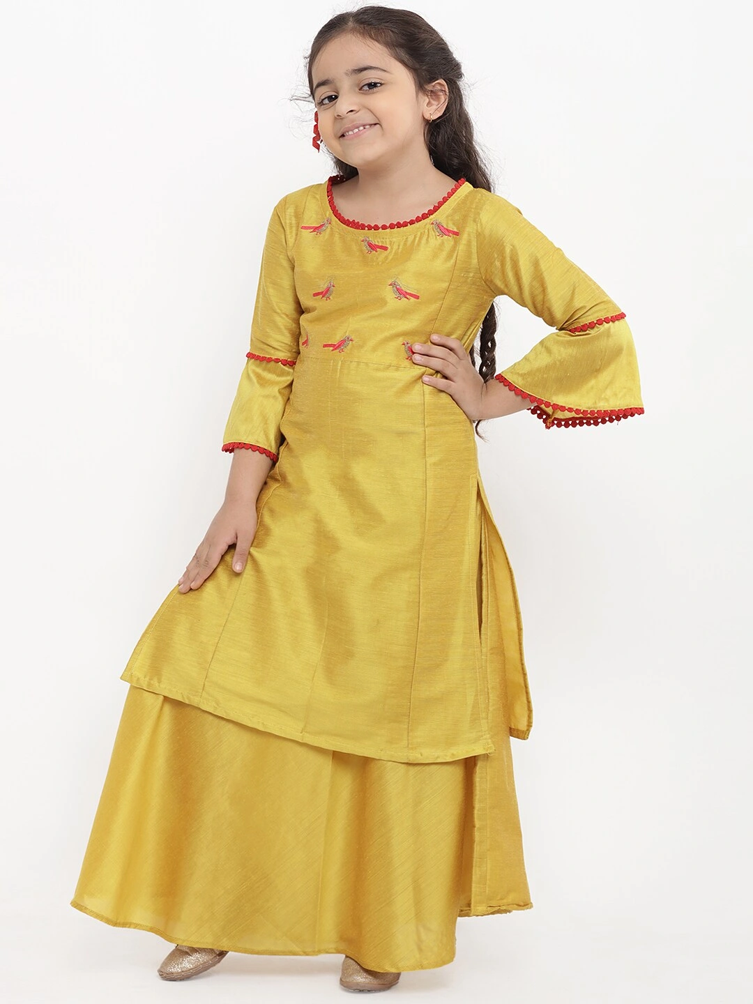 Bitiya by Bhama Girls Yellow Embroidered Kurti with Skirt-3-4Y-1