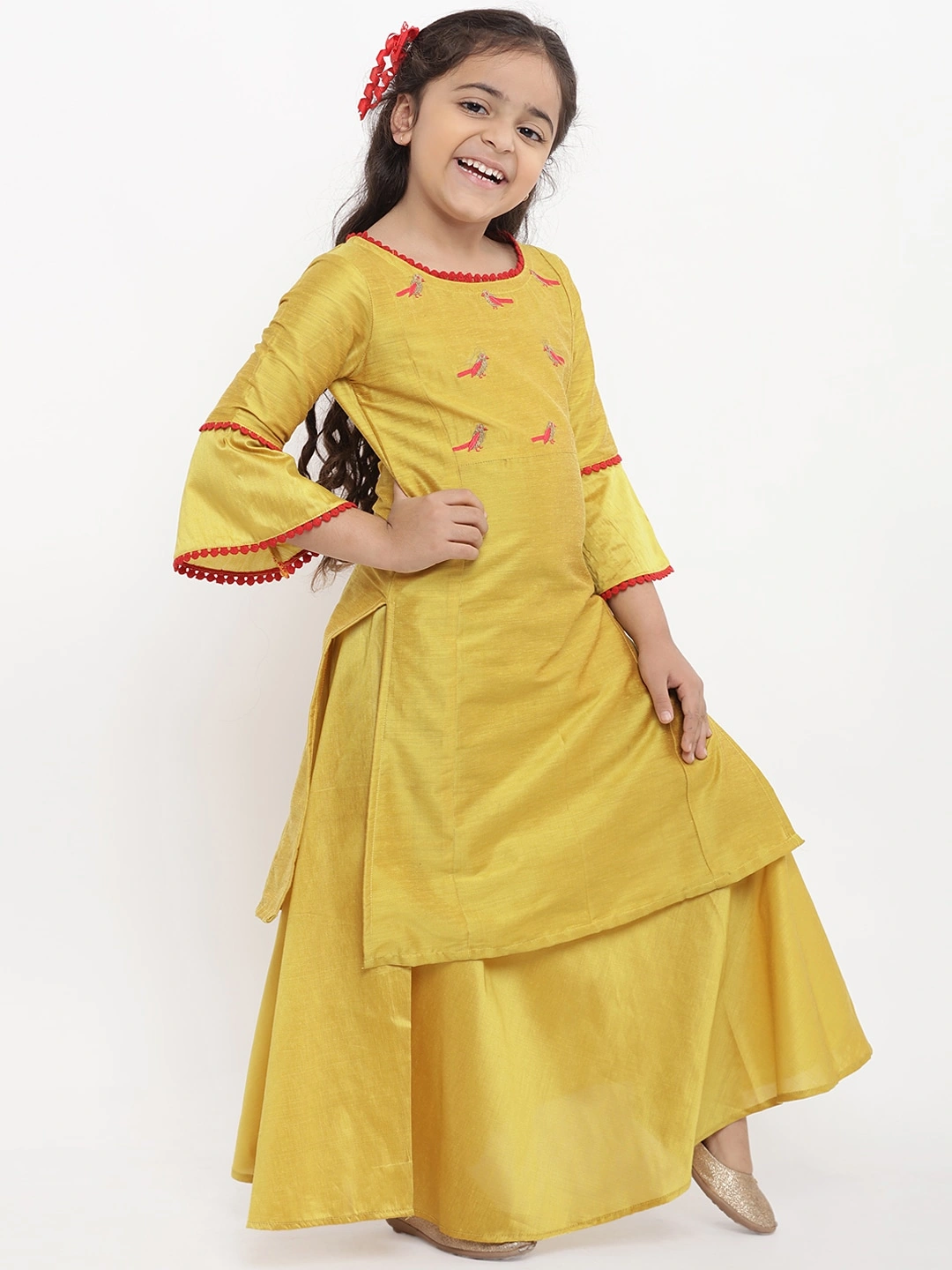 Bitiya by Bhama Girls Yellow Embroidered Kurti with Skirt-3-4Y-2