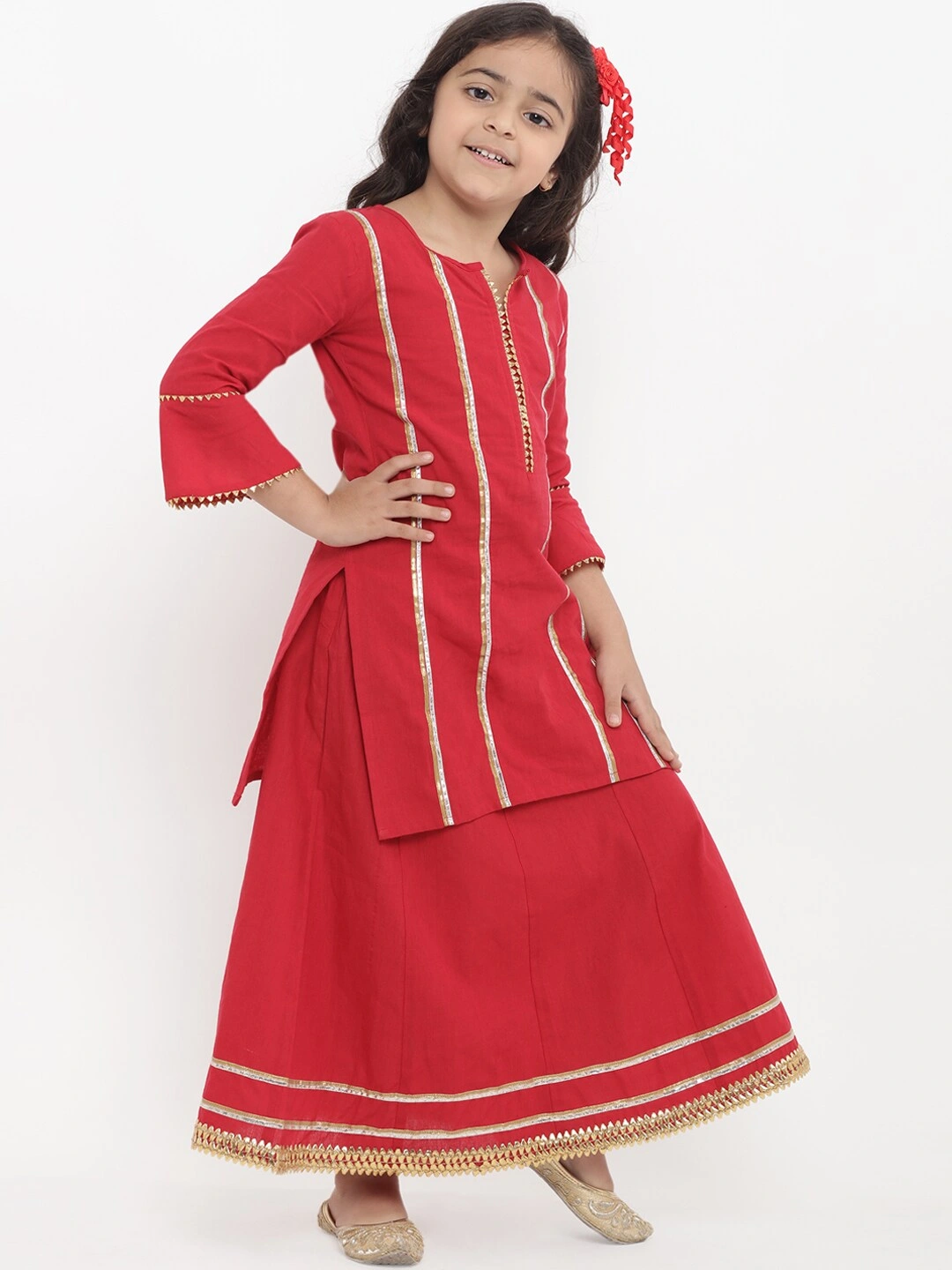 Bitiya by Bhama Girls Red Striped Kurta with Palazzos-4-5Y-2