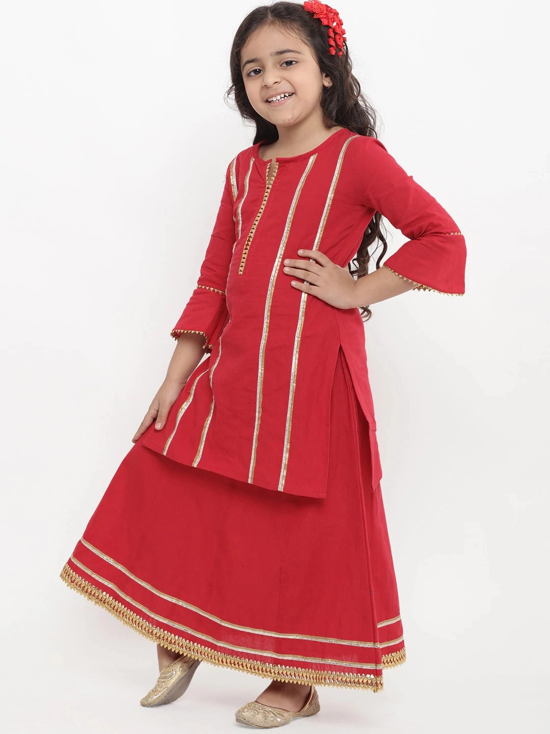 Bitiya by Bhama Girls Red Striped Kurta with Palazzos-5-6Y-1