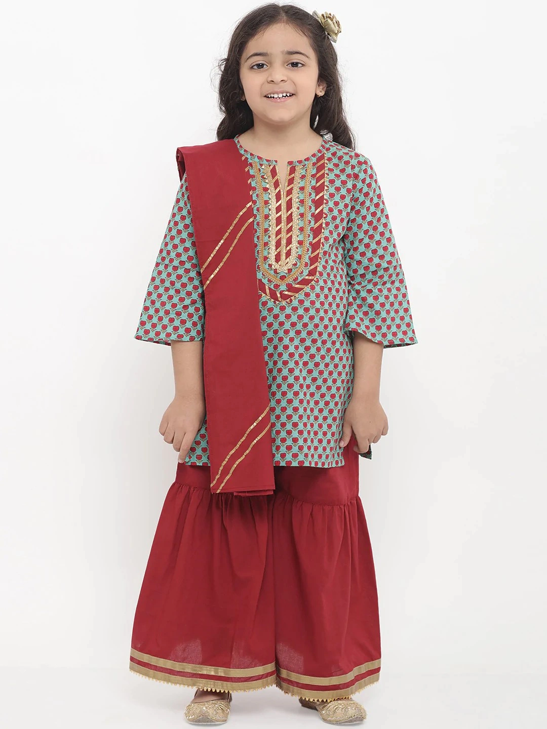 Bitiya by Bhama Girls Green &amp; Printed Kurta with Palazzos &amp; Dupatta-BBT073_3-4Y