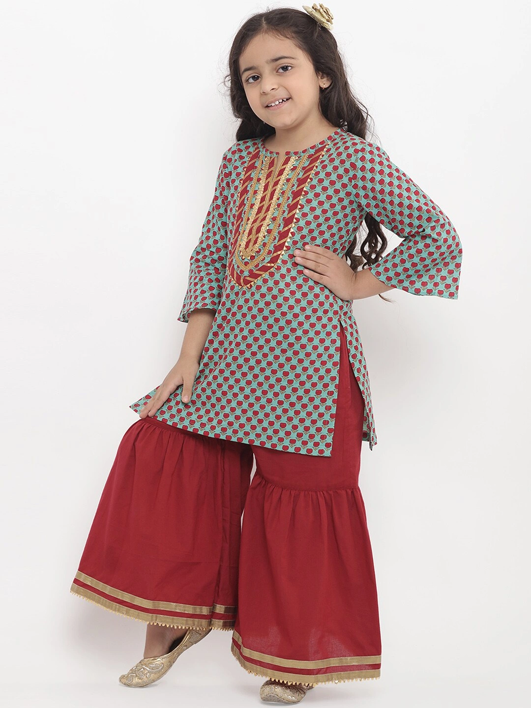 Bitiya by Bhama Girls Green &amp; Printed Kurta with Palazzos &amp; Dupatta-3-4Y-1