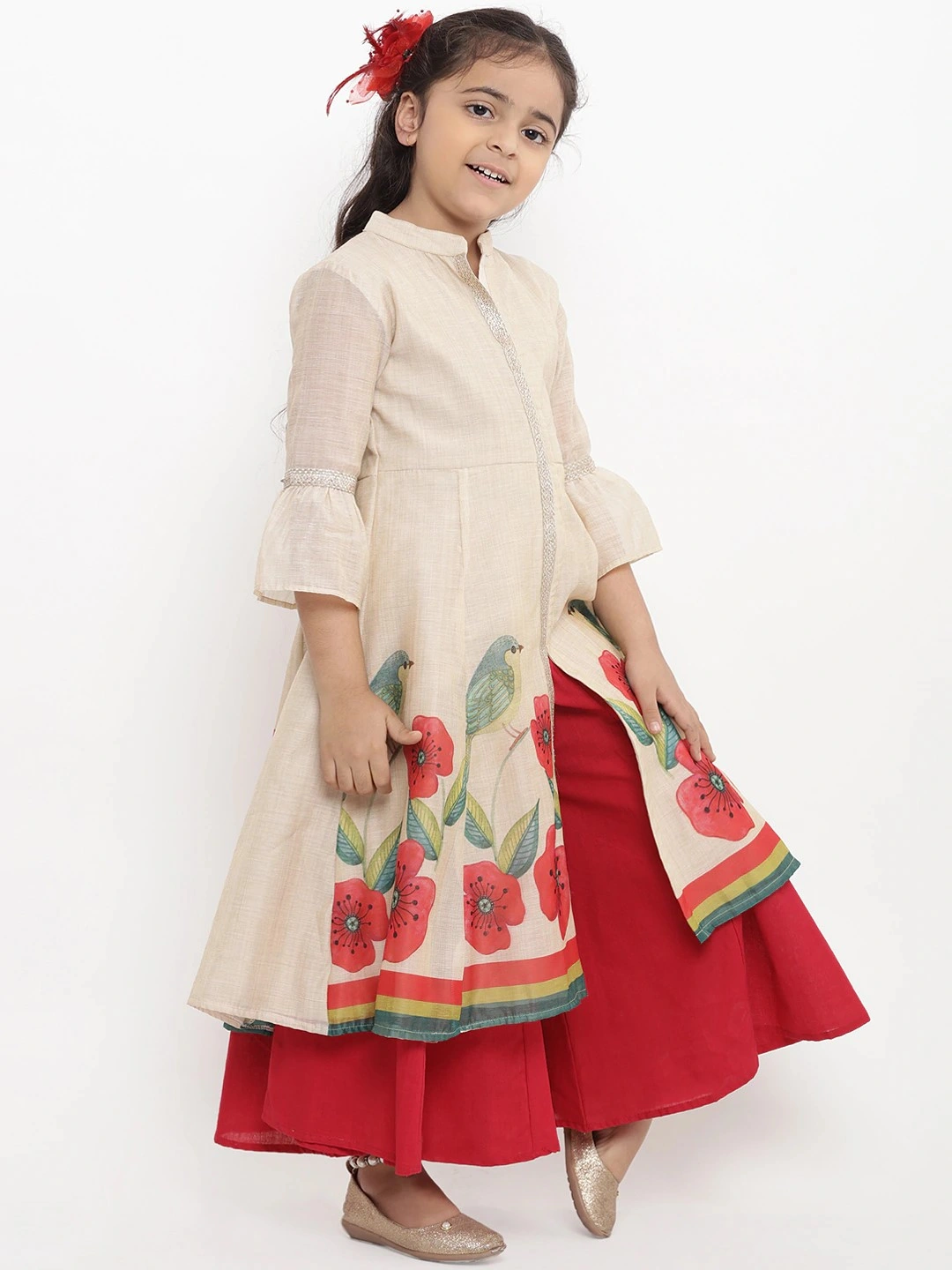 Bitiya by Bhama Girls Beige Printed Kurti with Palazzos-3-4Y-2