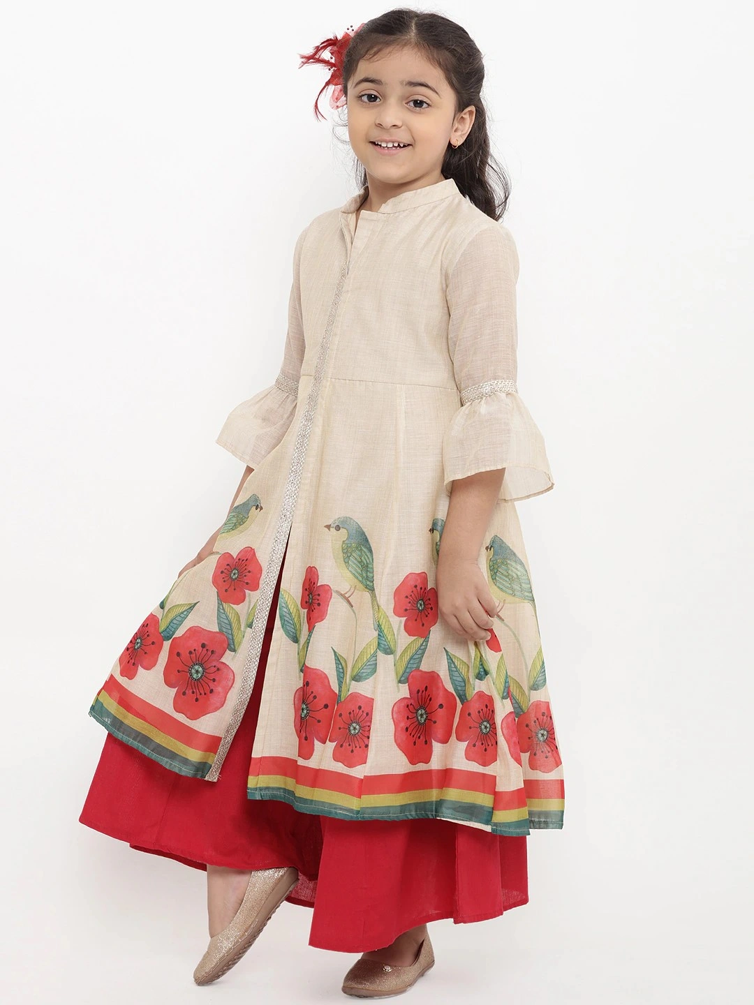 Bitiya by Bhama Girls Beige Printed Kurti with Palazzos-4-5Y-1