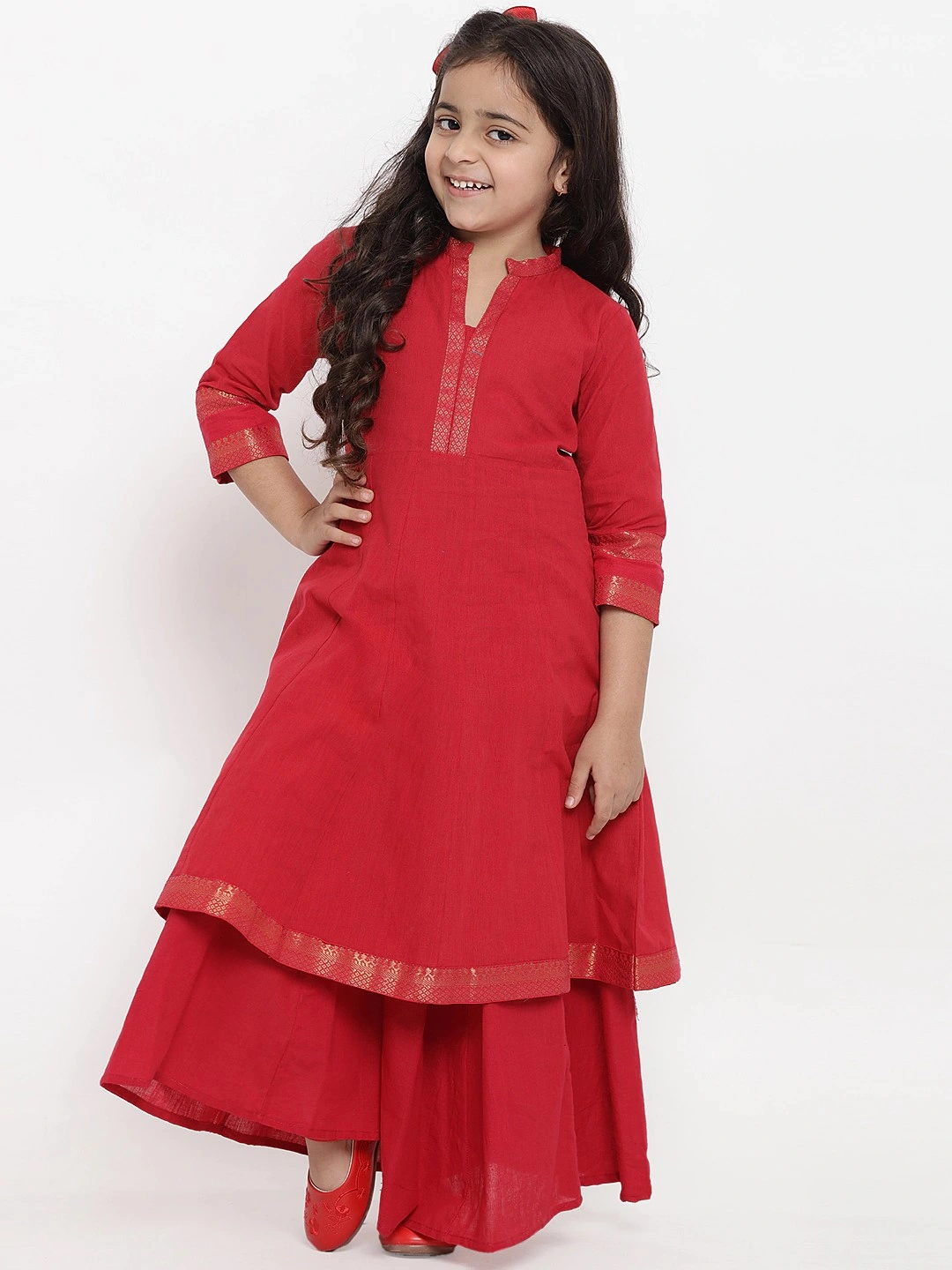 Bitiya by Bhama Girls Red Self Design Kurta with Palazzos-BBT075_3-4Y