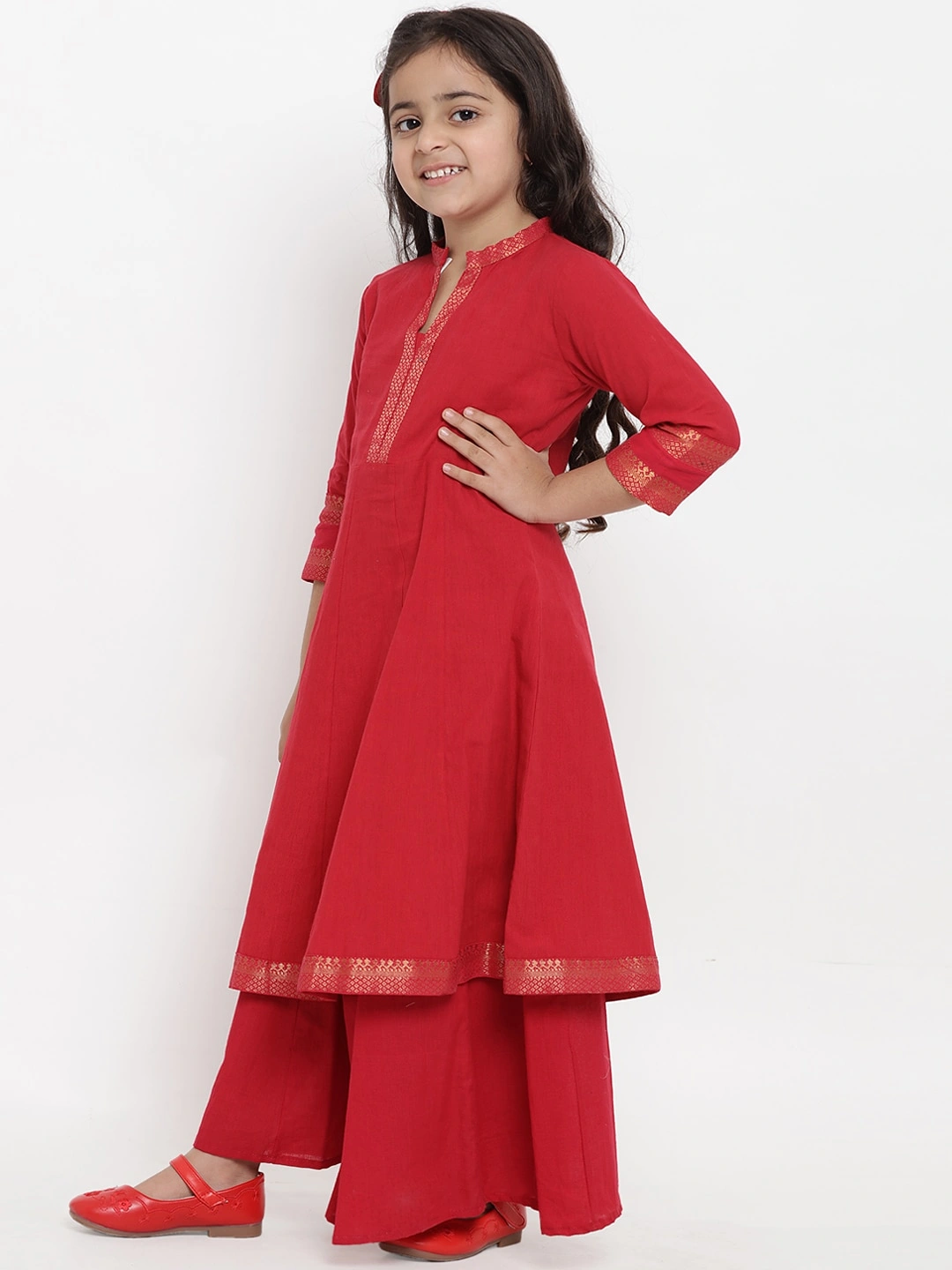 Bitiya by Bhama Girls Red Self Design Kurta with Palazzos-4-5Y-1