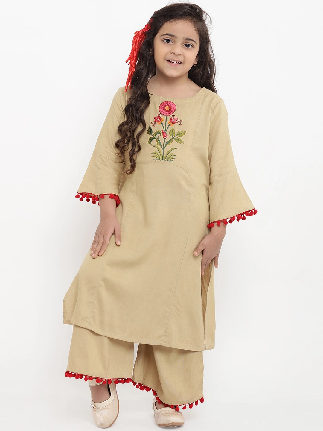 Bitiya by Bhama Girls Beige Embroidered Kurti with Palazzos-BBT083_3-4Y