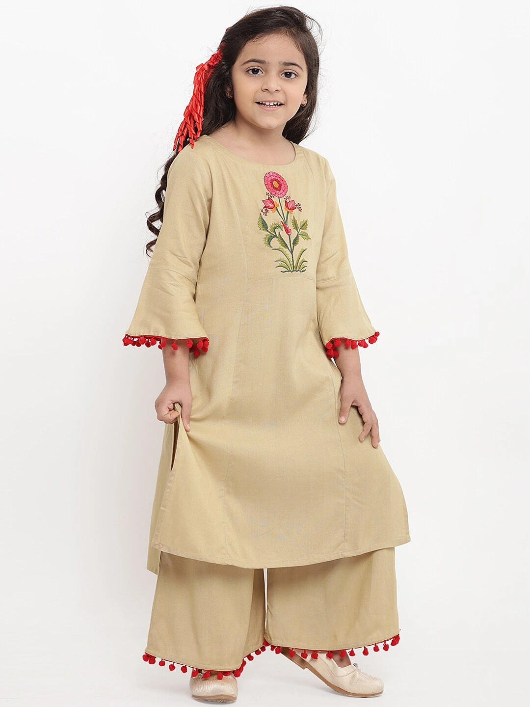 Bitiya by Bhama Girls Beige Embroidered Kurti with Palazzos-3-4Y-2