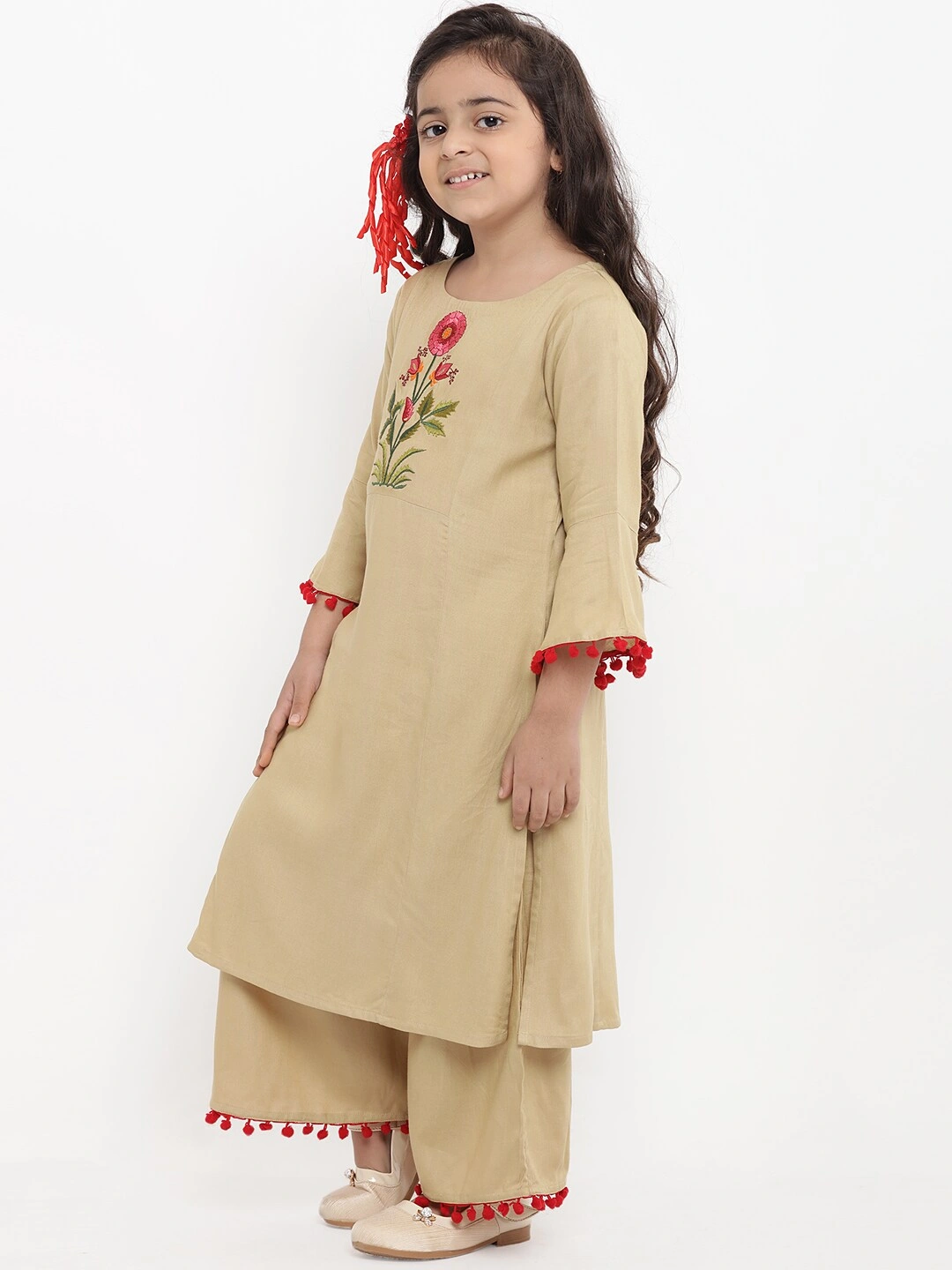 Bitiya by Bhama Girls Beige Embroidered Kurti with Palazzos-5-6Y-1