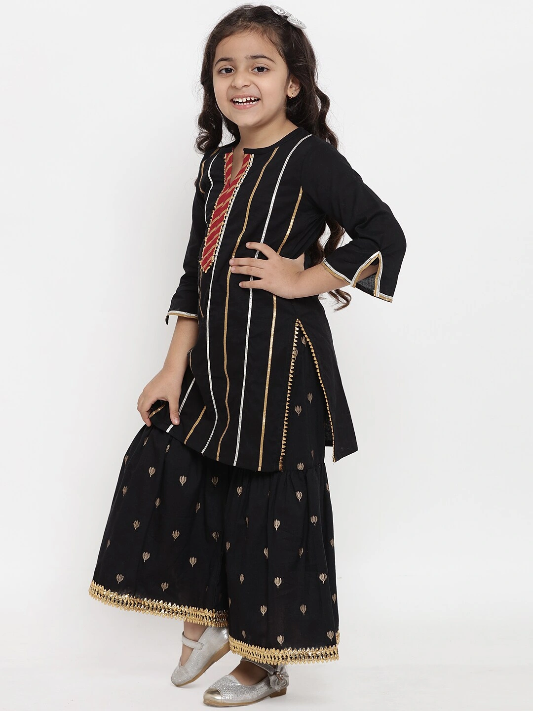 Bitiya by Bhama Girls Black Striped Kurta with Palazzos-5-6Y-1