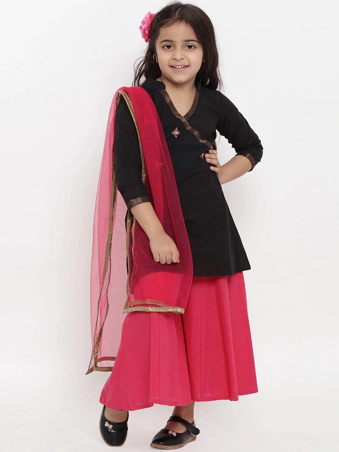 Bitiya by Bhama Girls Black &amp; Embroidered Kurta with Palazzos &amp; Dupatta-BBT087_3-4Y