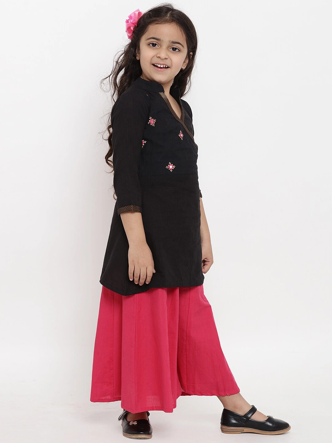 Bitiya by Bhama Girls Black &amp; Embroidered Kurta with Palazzos &amp; Dupatta-3-4Y-2