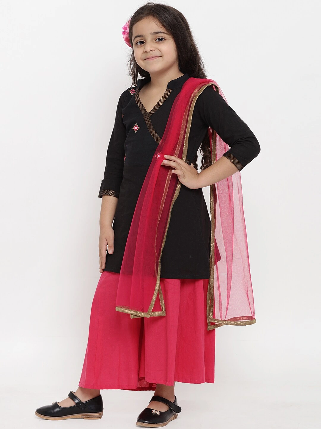 Bitiya by Bhama Girls Black &amp; Embroidered Kurta with Palazzos &amp; Dupatta-5-6Y-1