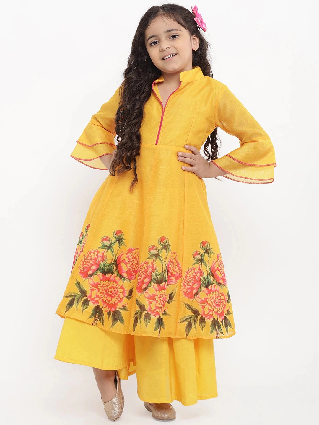 Bitiya by Bhama Girls Yellow Printed Kurta with Palazzos-BBT091_3-4Y