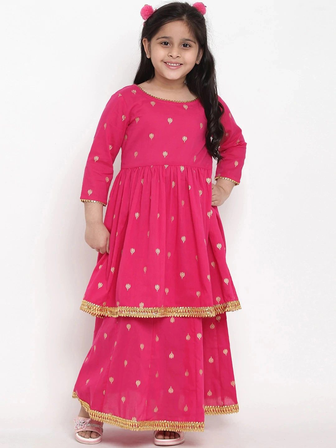 Bitiya by Bhama Girls Pink &amp; Gold-Coloured Printed Kurta with Skirt-BBT092_3-4Y