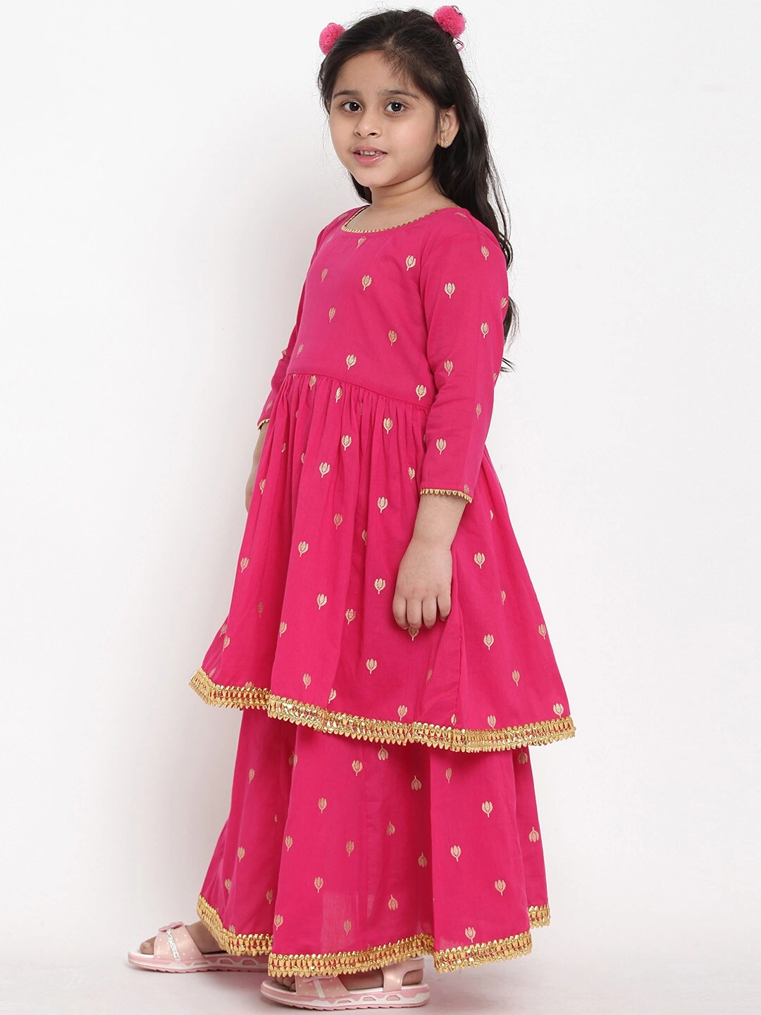 Bitiya by Bhama Girls Pink &amp; Gold-Coloured Printed Kurta with Skirt-3-4Y-1