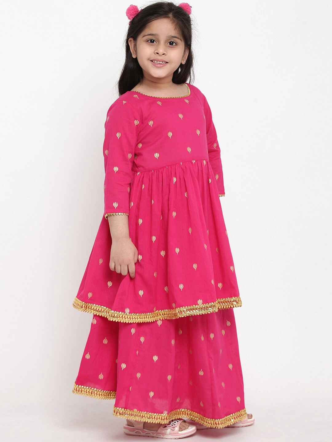 Bitiya by Bhama Girls Pink &amp; Gold-Coloured Printed Kurta with Skirt-3-4Y-2