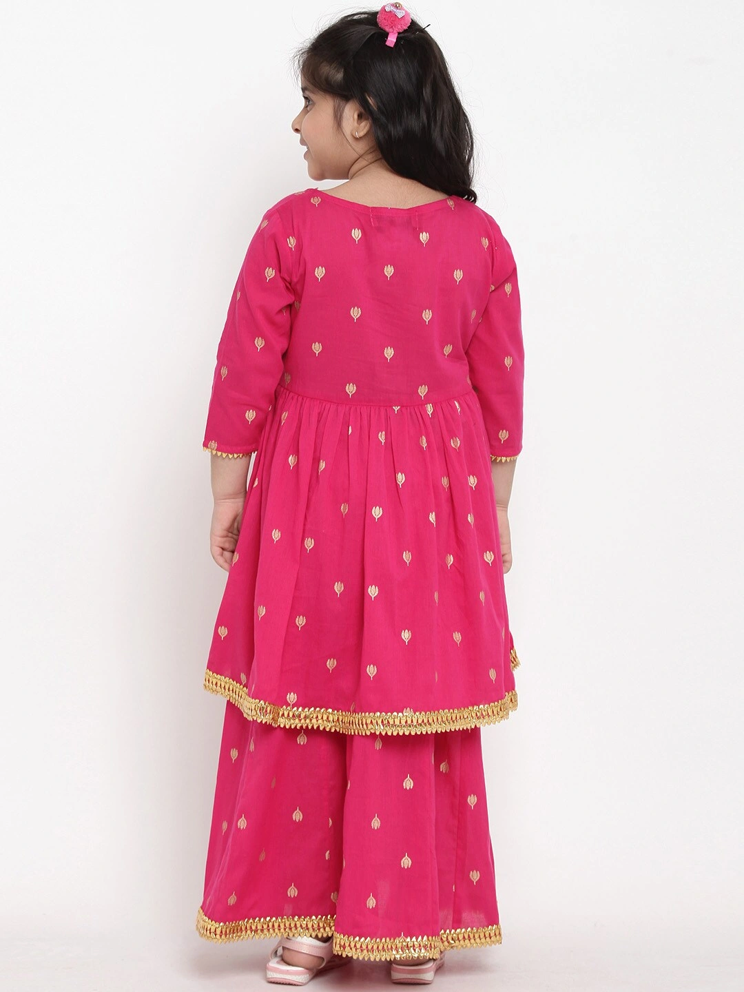 Bitiya by Bhama Girls Pink &amp; Gold-Coloured Printed Kurta with Skirt-3-4Y-3