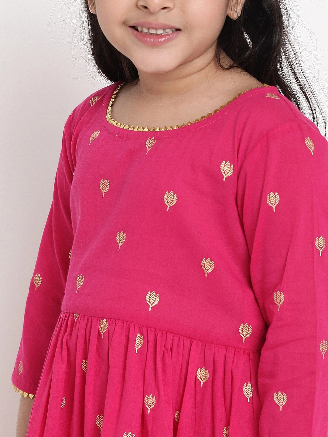 Bitiya by Bhama Girls Pink &amp; Gold-Coloured Printed Kurta with Skirt-3-4Y-4