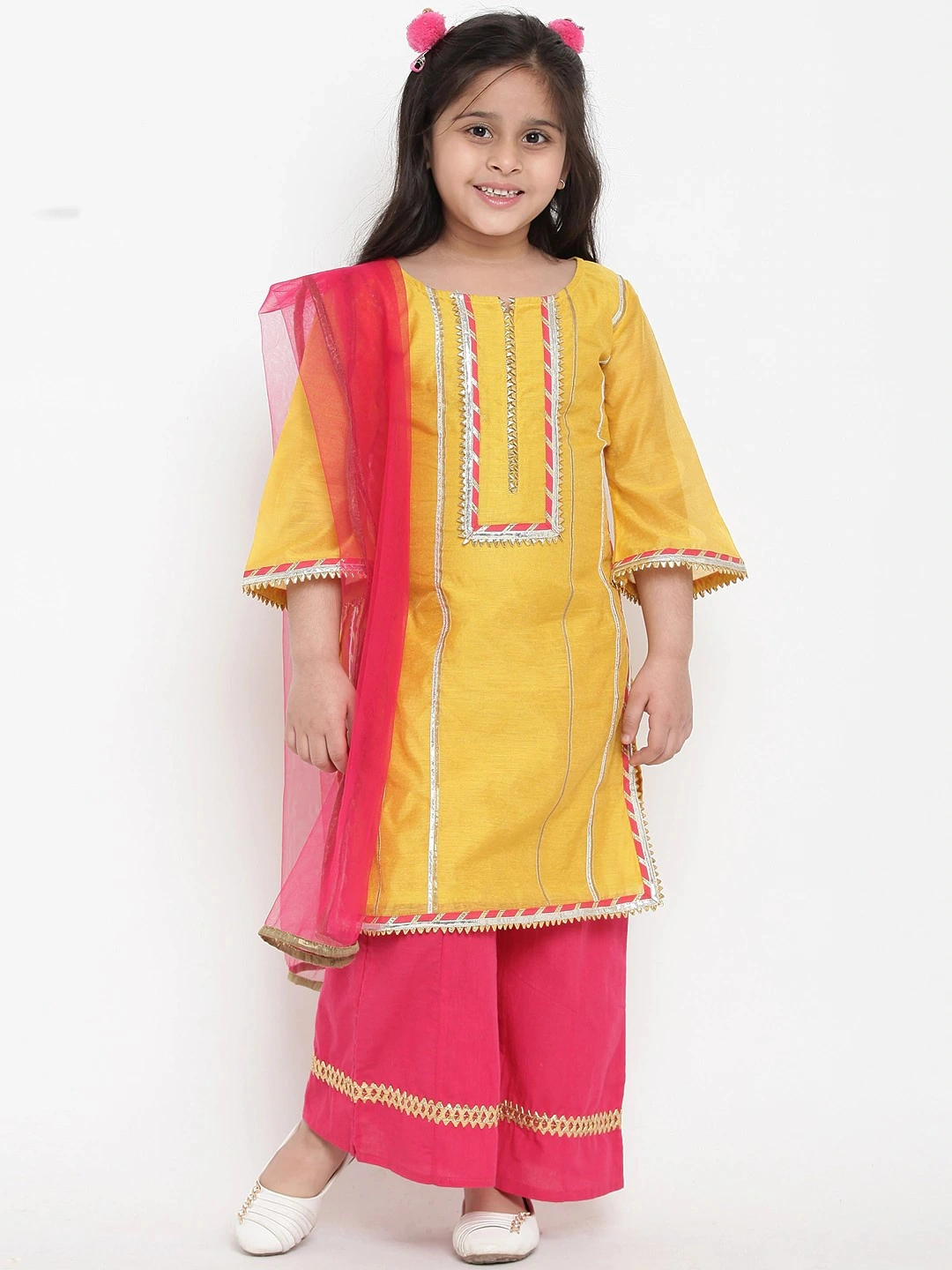 Bitiya by Bhama Girls Yellow &amp; Pink Solid Kurta with Palazzos &amp; Dupatta-BBT093_3-4Y