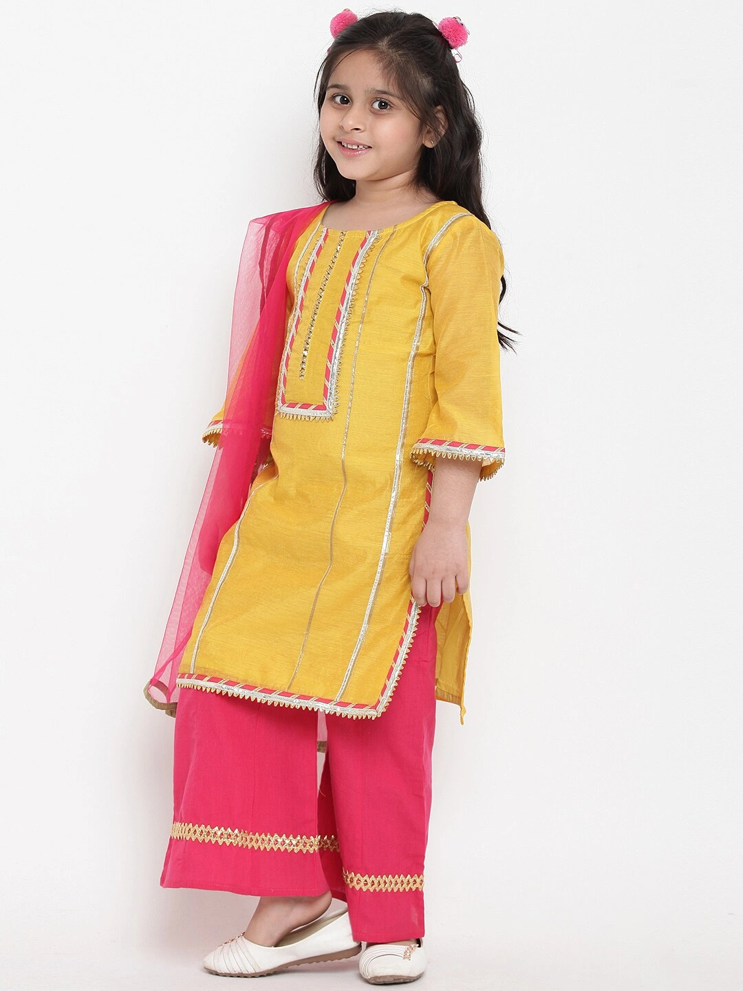 Bitiya by Bhama Girls Yellow &amp; Pink Solid Kurta with Palazzos &amp; Dupatta-3-4Y-1