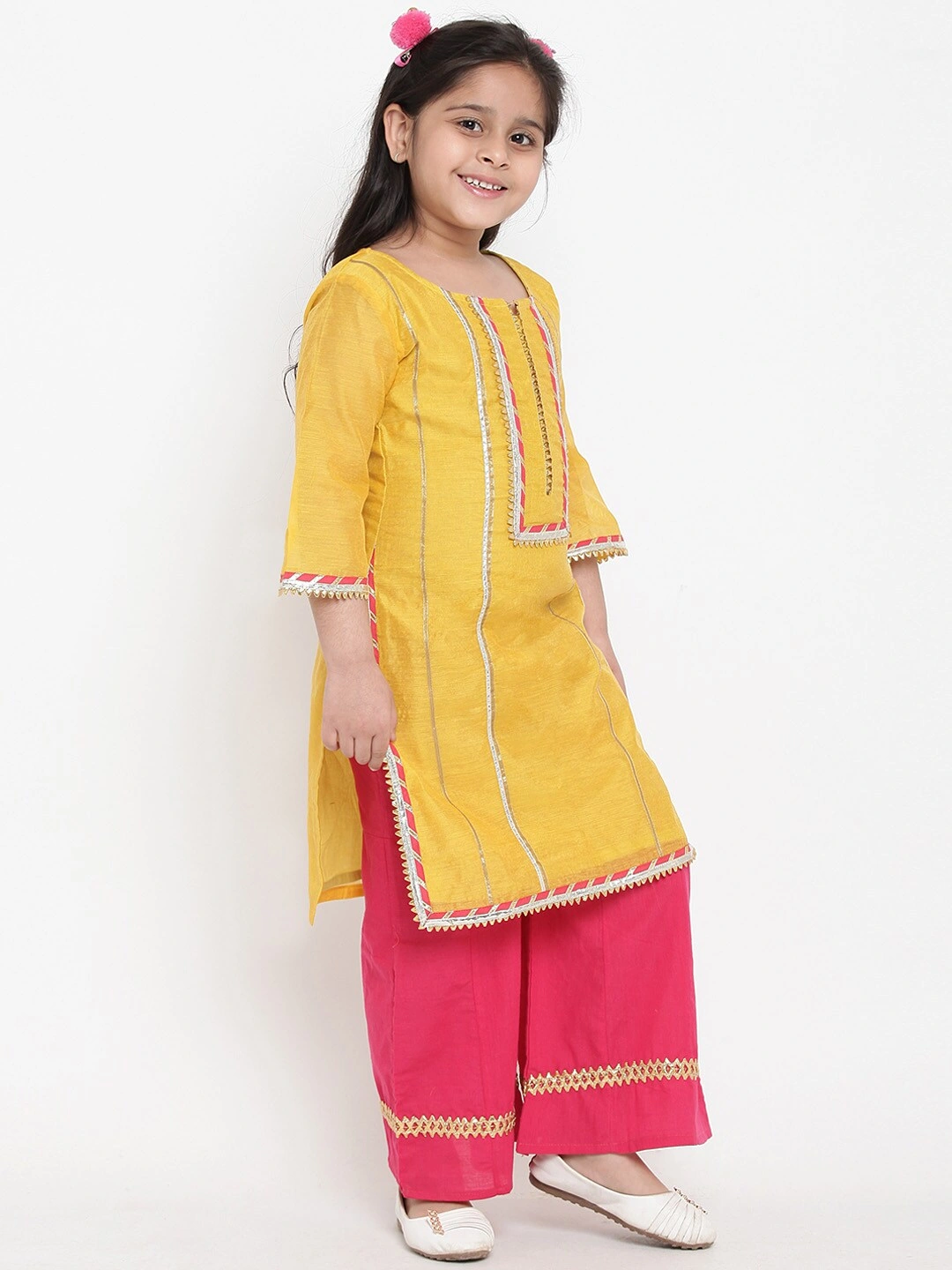 Bitiya by Bhama Girls Yellow &amp; Pink Solid Kurta with Palazzos &amp; Dupatta-3-4Y-2