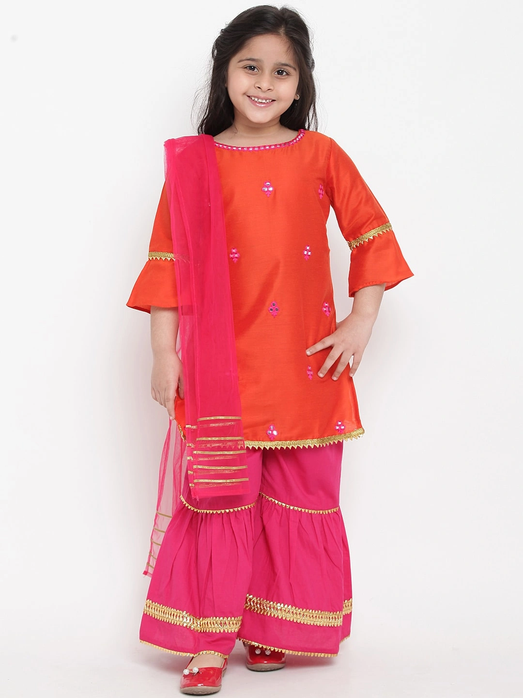 Bitiya by Bhama Girls Orange &amp; Pink Embroidered Kurta with Palazzos &amp; Dupatta-BBT098_3-4Y