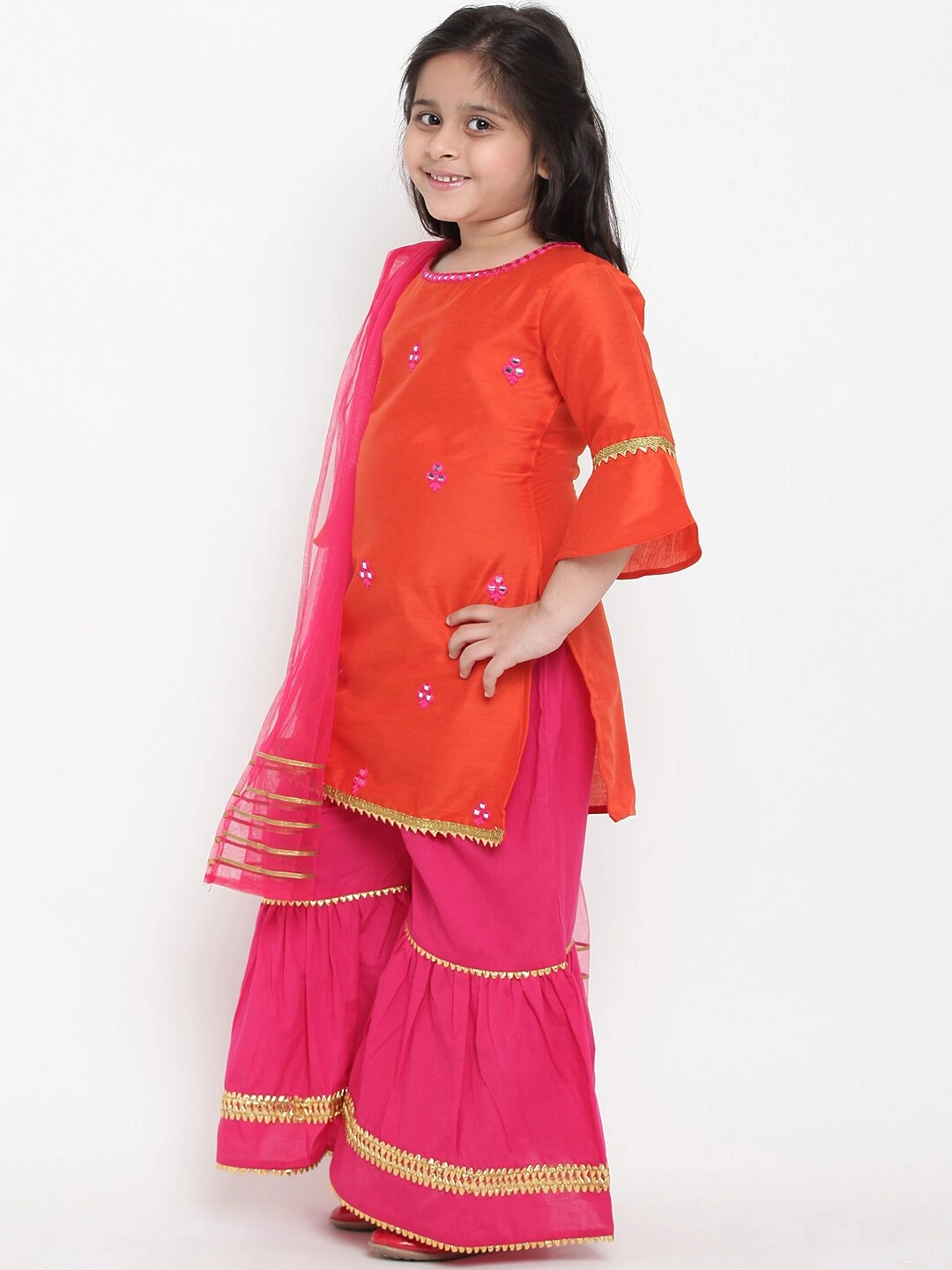 Bitiya by Bhama Girls Orange &amp; Pink Embroidered Kurta with Palazzos &amp; Dupatta-3-4Y-1