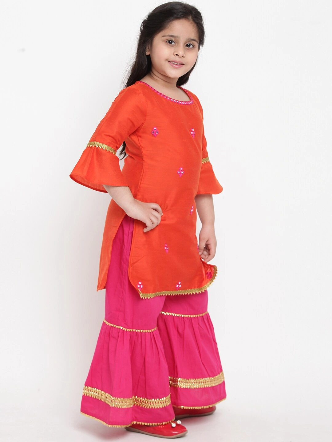 Bitiya by Bhama Girls Orange &amp; Pink Embroidered Kurta with Palazzos &amp; Dupatta-3-4Y-2