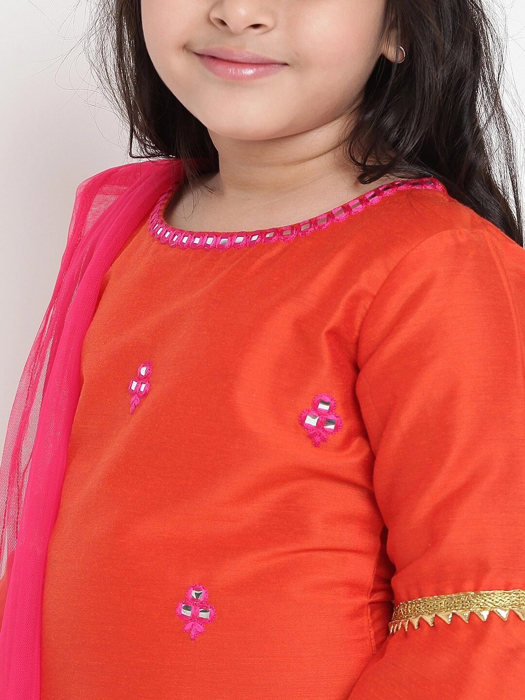 Bitiya by Bhama Girls Orange &amp; Pink Embroidered Kurta with Palazzos &amp; Dupatta-4-5Y-4