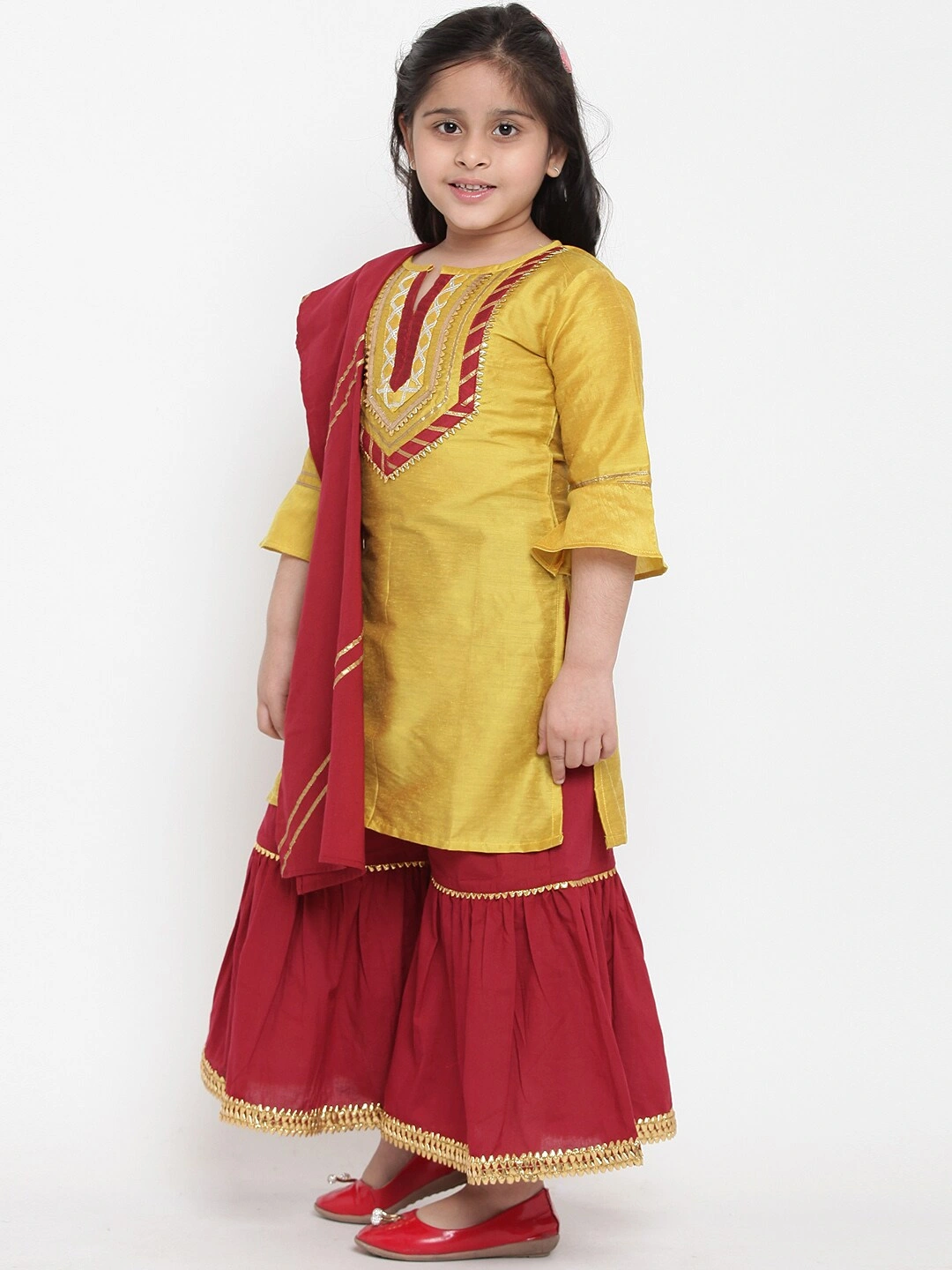 Bitiya by Bhama Girls Yellow &amp; Red Solid Kurta with Palazzos &amp; Dupatta-3-4Y-1