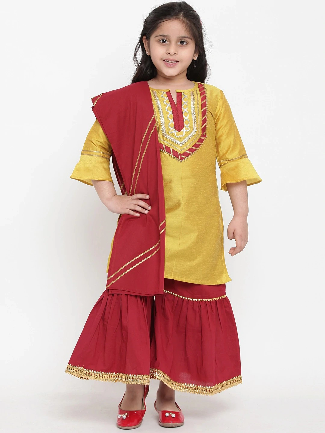 Bitiya by Bhama Girls Yellow &amp; Red Solid Kurta with Palazzos &amp; Dupatta-BBT100_4-5Y