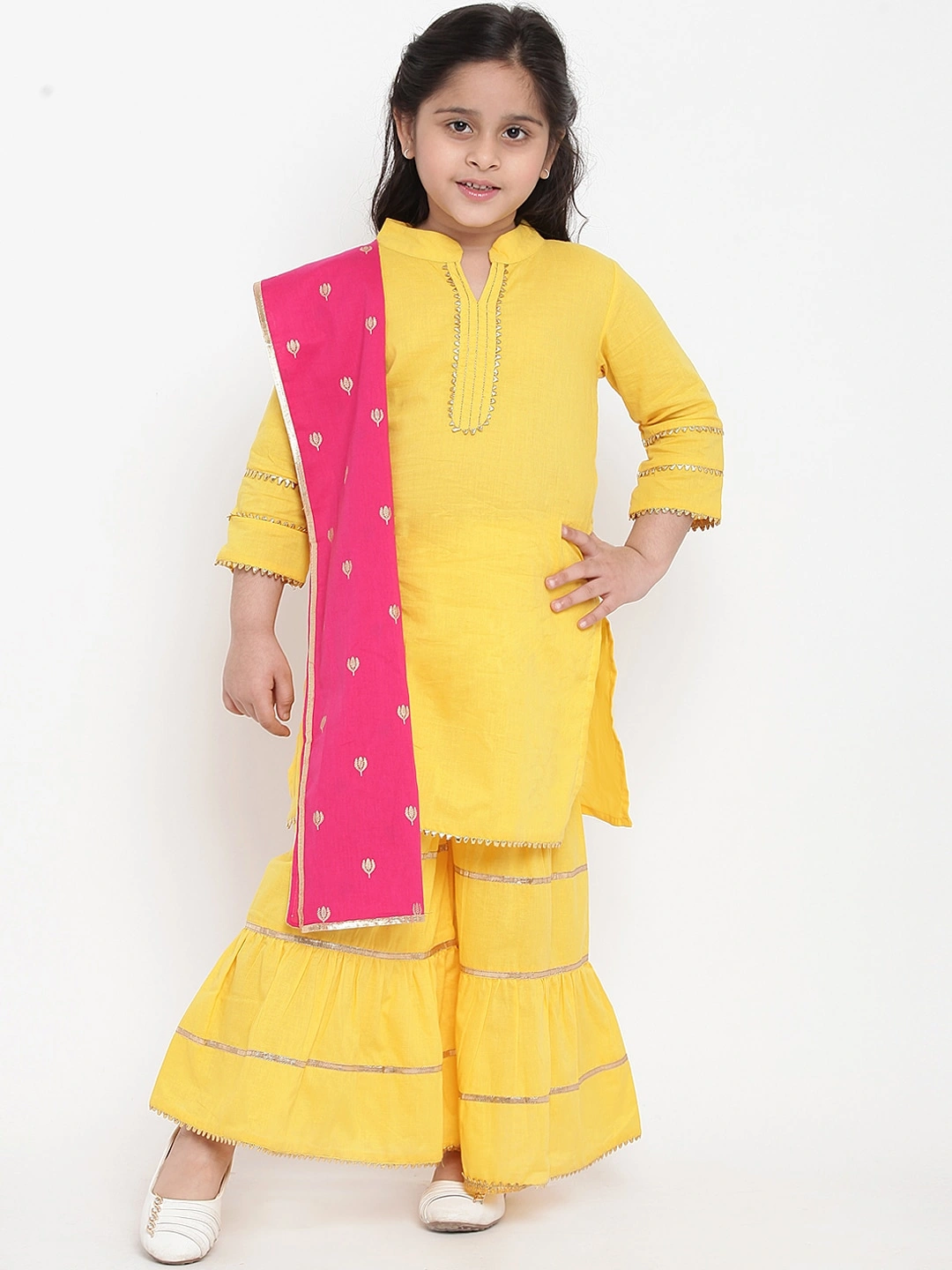 Bitiya by Bhama Girls Yellow &amp; Pink Solid Kurti with Palazzos &amp; Dupatta-BBT101_3-4Y