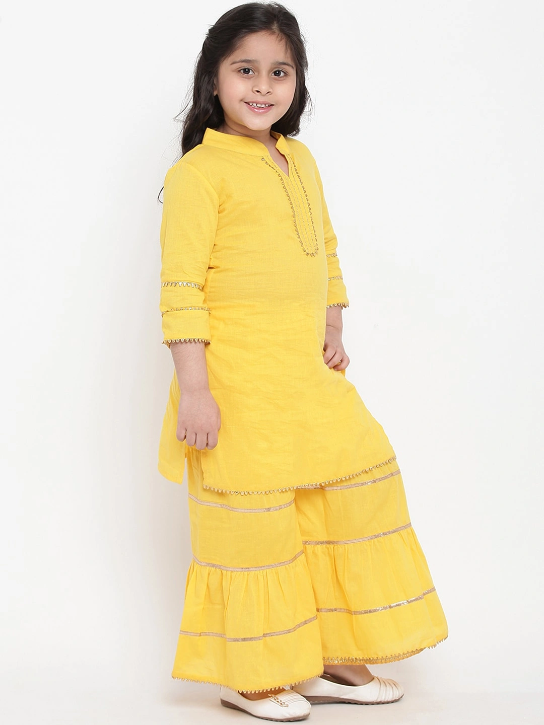 Bitiya by Bhama Girls Yellow &amp; Pink Solid Kurti with Palazzos &amp; Dupatta-3-4Y-2