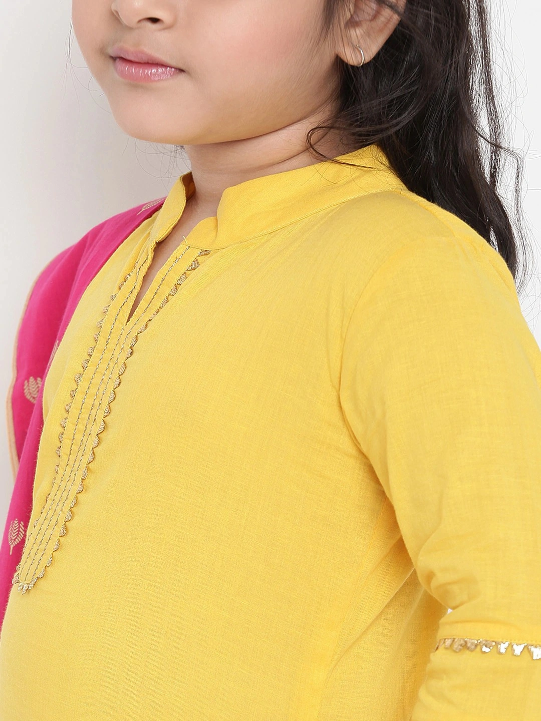 Bitiya by Bhama Girls Yellow &amp; Pink Solid Kurti with Palazzos &amp; Dupatta-3-4Y-4