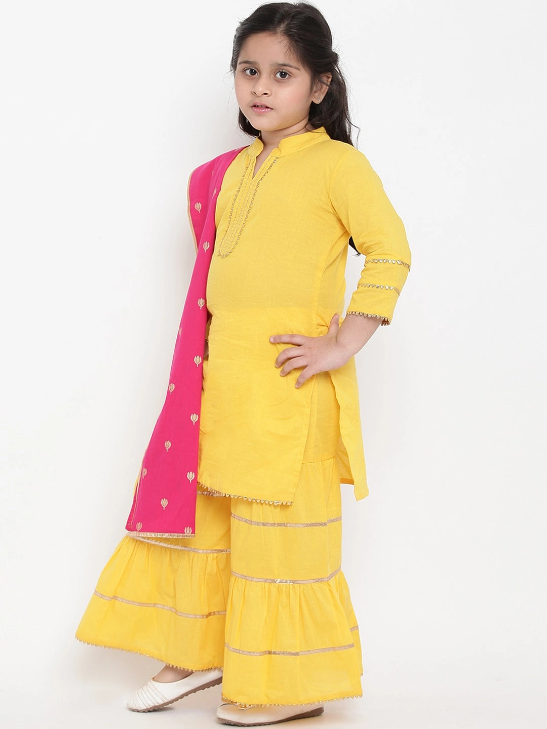 Bitiya by Bhama Girls Yellow &amp; Pink Solid Kurti with Palazzos &amp; Dupatta-4-5Y-1