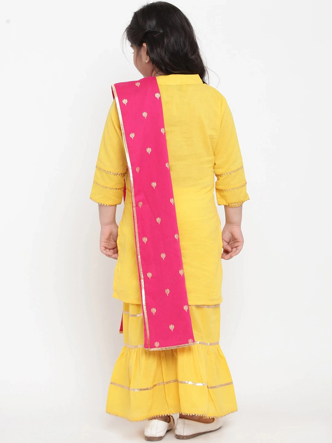 Bitiya by Bhama Girls Yellow &amp; Pink Solid Kurti with Palazzos &amp; Dupatta-4-5Y-3