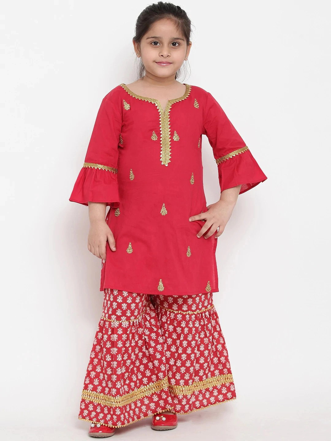 Bitiya by Bhama Girls Red Embroidered Kurta with Palazzos-BBT102_3-4Y