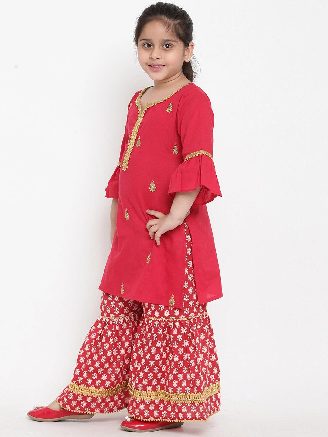 Bitiya by Bhama Girls Red Embroidered Kurta with Palazzos-3-4Y-1