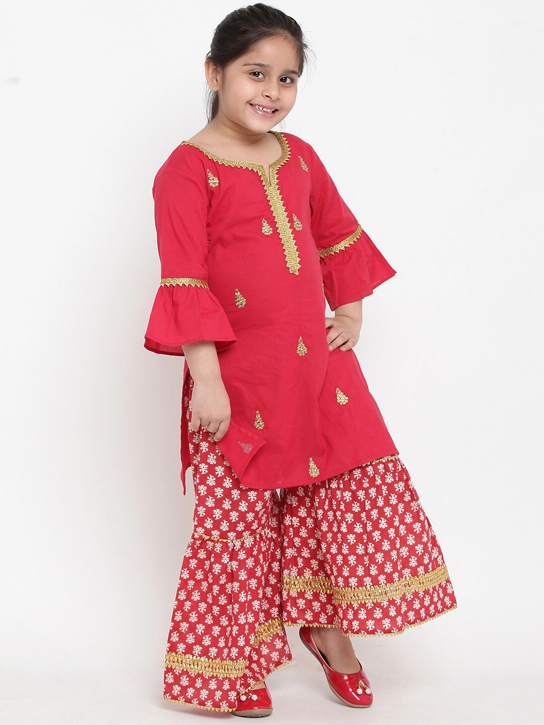 Bitiya by Bhama Girls Red Embroidered Kurta with Palazzos-5-6Y-2