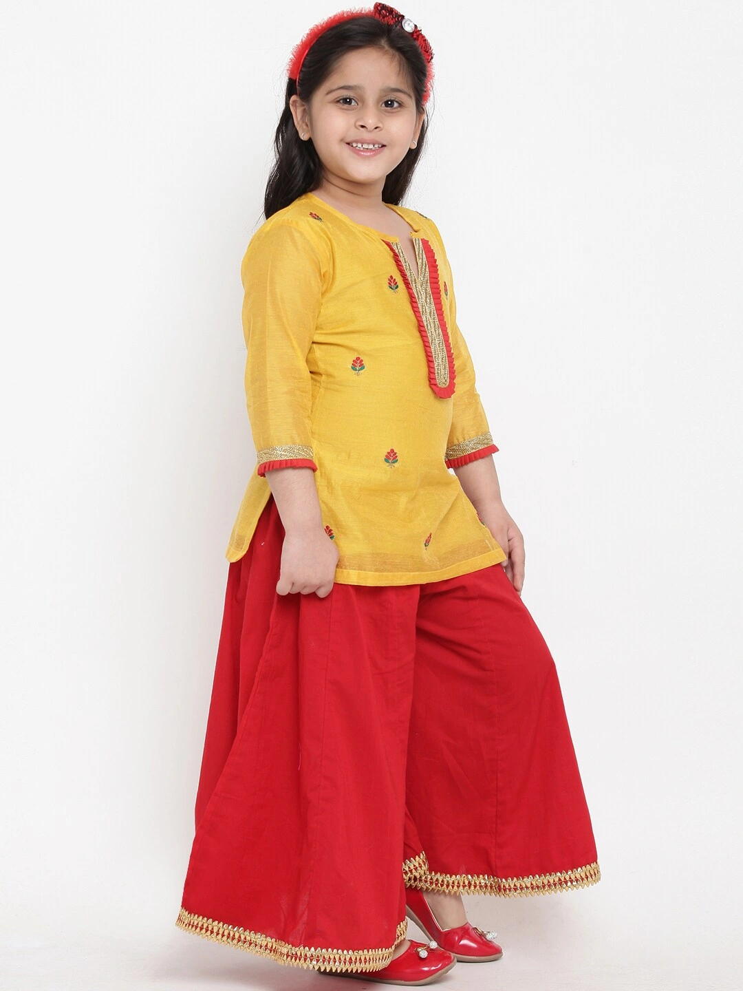 Bitiya by Bhama Girls Yellow &amp; Red Embroidered Kurta with Palazzos &amp; Dupatta-5-6Y-2